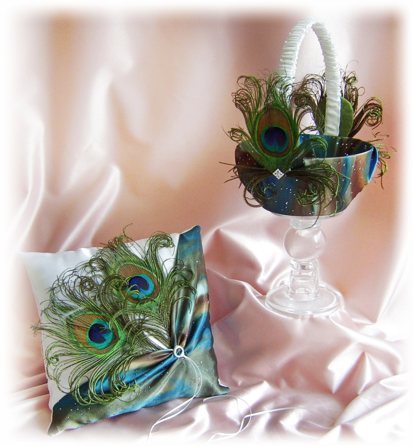 Peacock Feathers Flower Girl Basket and Ring Bearer Pillow Set Teal Blue and Brown - Peacock Weddings Ceremony Decor