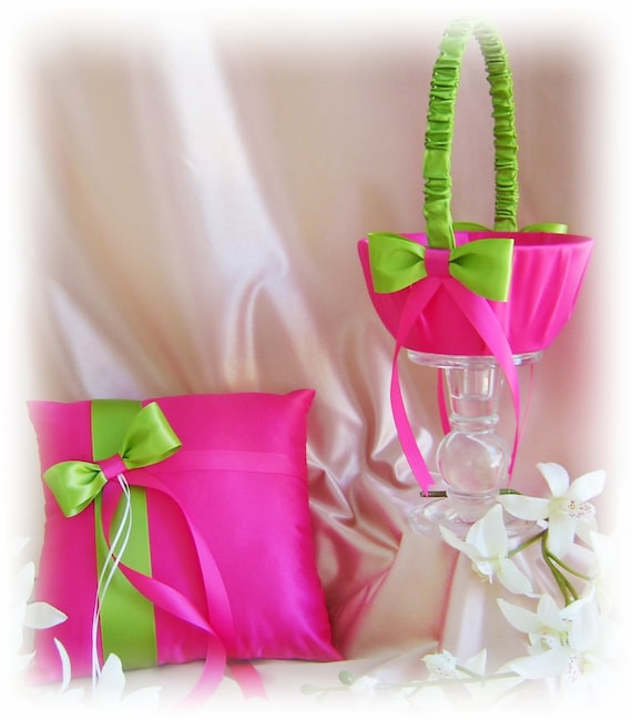 Hot Pink and Green Wedding Flower Girl Basket and Ring Bearer Pillow, Spring and Summer Wedding