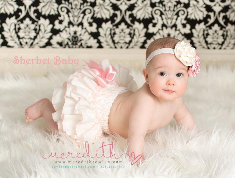 Headband and Sassy Pants Ruffle Diaper Cover Cream with Pink Edges