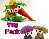 Veg Pattern Pack with Carrot, Squash, Peas, and Mushroom Amigurumi Plush Toy Digital Download PDF Pattern