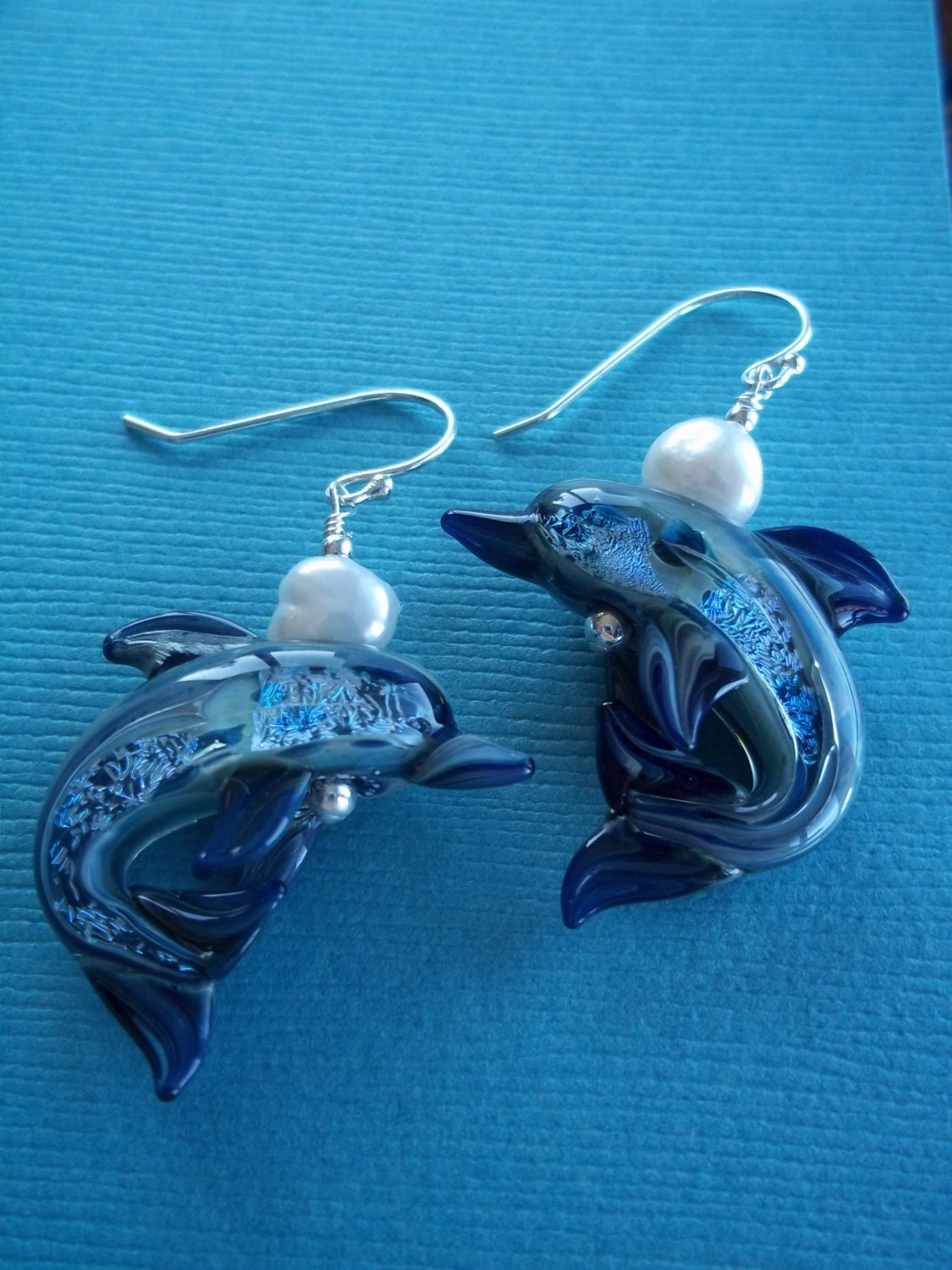 Dolphin Earrings, Lampwork Glass, Boro, White Freshwater Pearl, Ocean Blue, Gray, Beach, Sterling Silver, French Earwire, Women, Teens