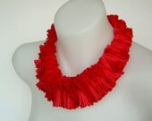 red ruff, ruffle collar bib necklace, designer accessory, avant garde statement necklace