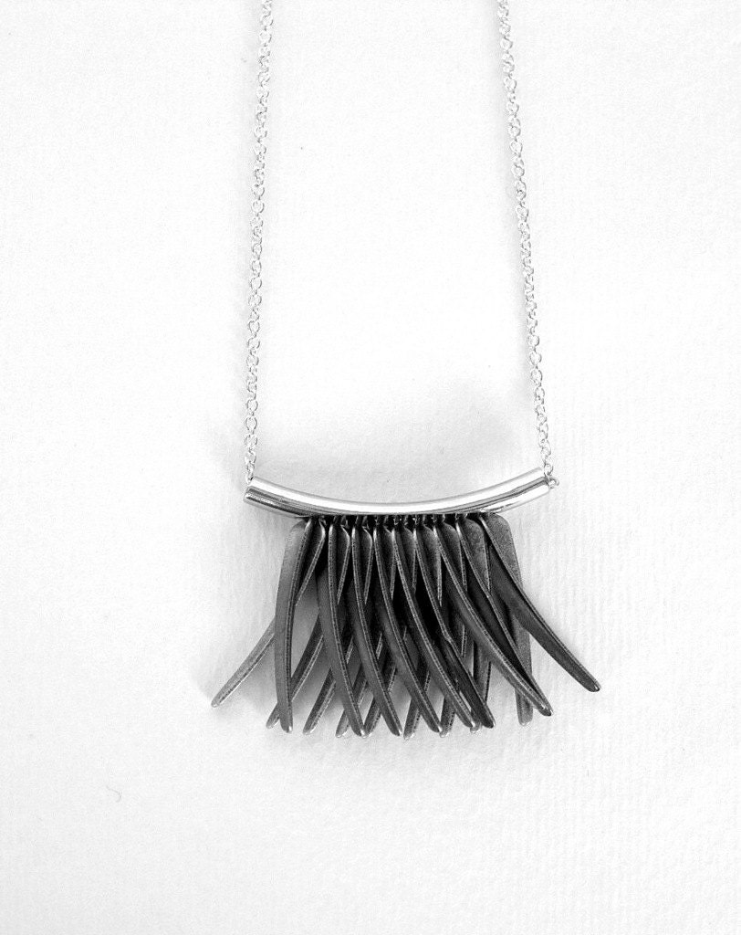 spike necklace, tribal style angular geometric jewelry, long single strand, sharp modern edge, fringe necklace, boho hipster jewelry