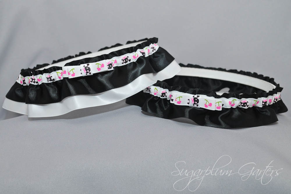 Wedding Garter Set in Pirate and Cherry Print Grosgrain and Black Satin with Tailored Bows