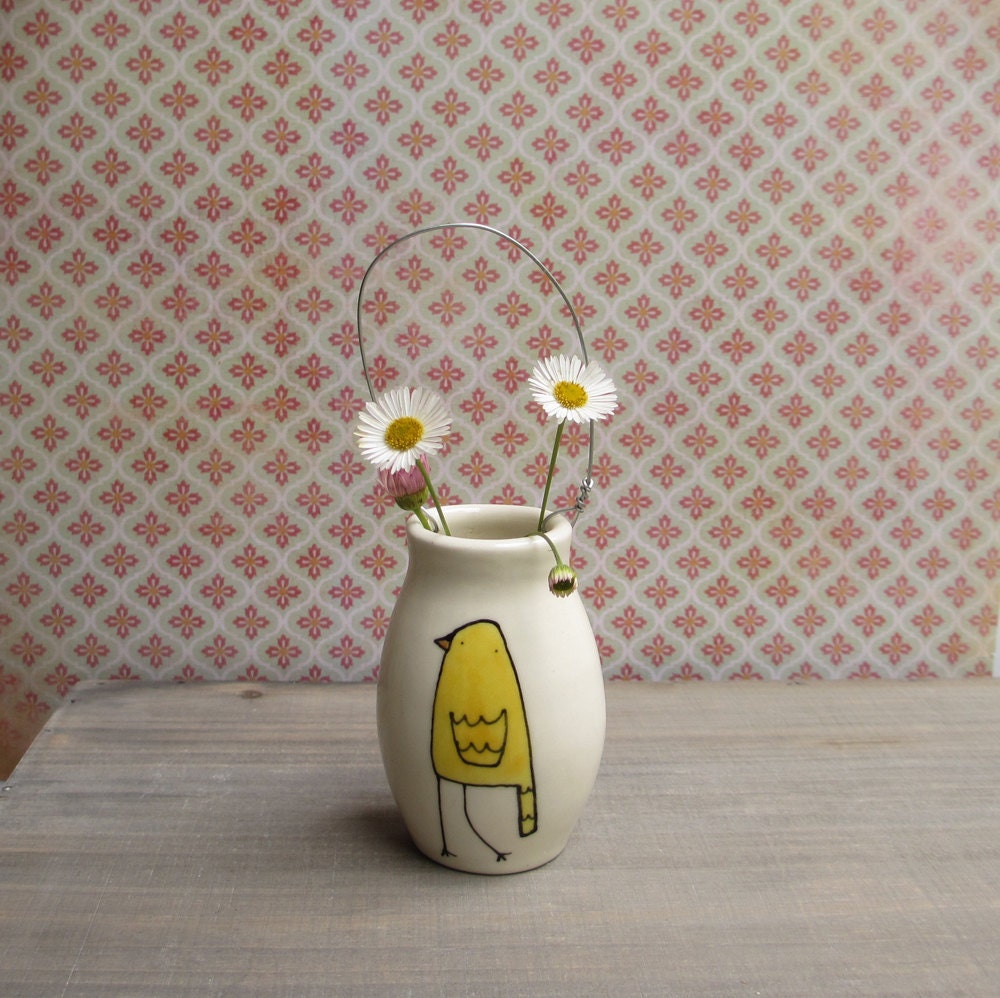 Yellow bird vase, hanging wall flower vase, summer baby nursery decor