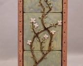 Cherry blossom handmade ceramic tile mural framed in copper 7.5 x 19"