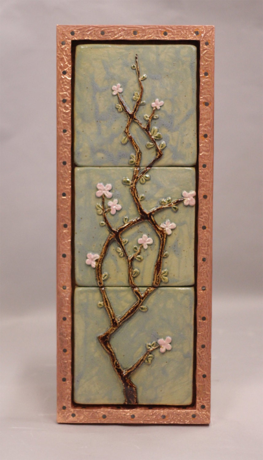 Items similar to Cherry blossom handmade ceramic tile mural framed in
