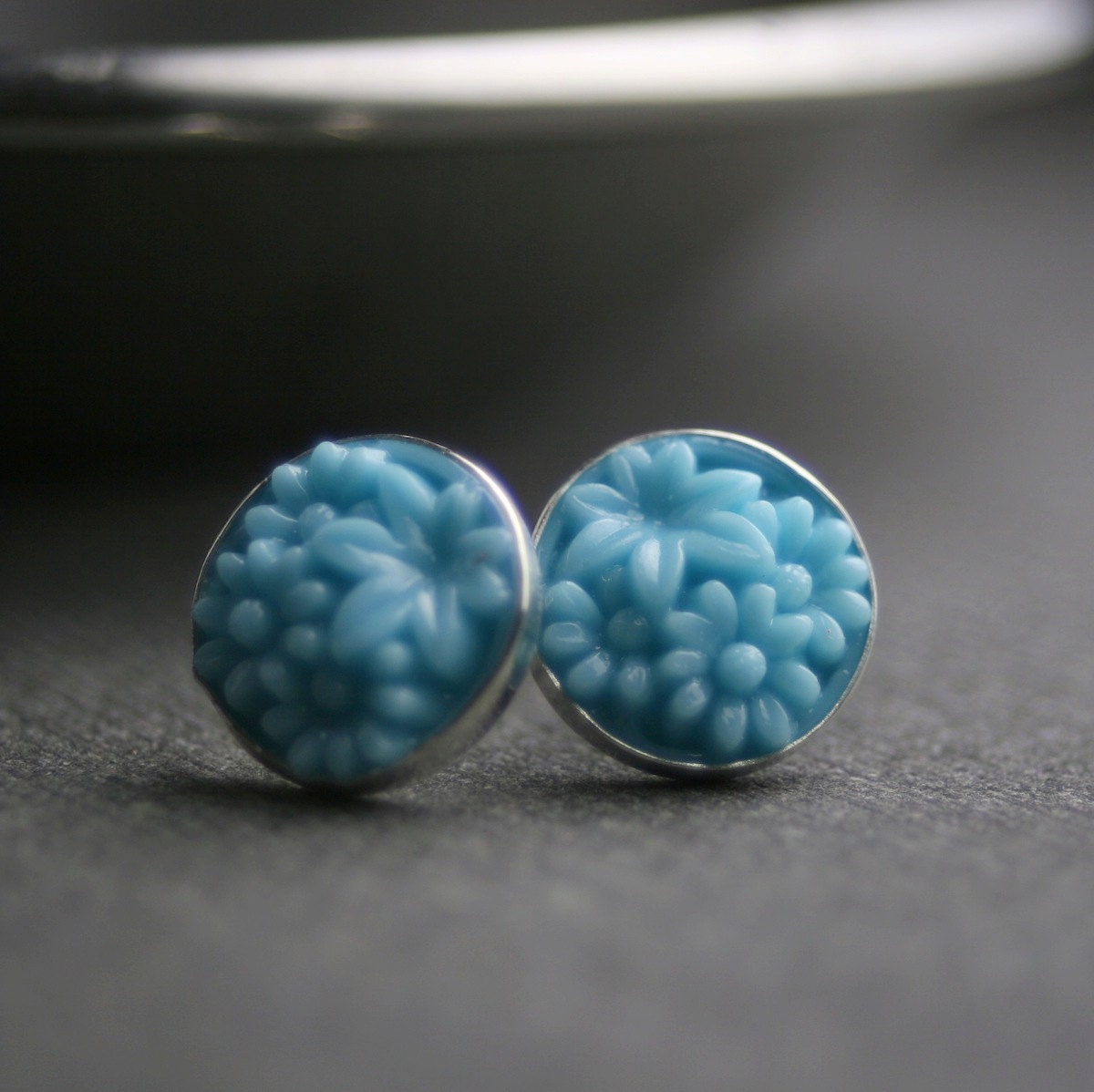 Sterling silver bezel set pressed glass flower cabochon stud earrings flowers robin's egg blue