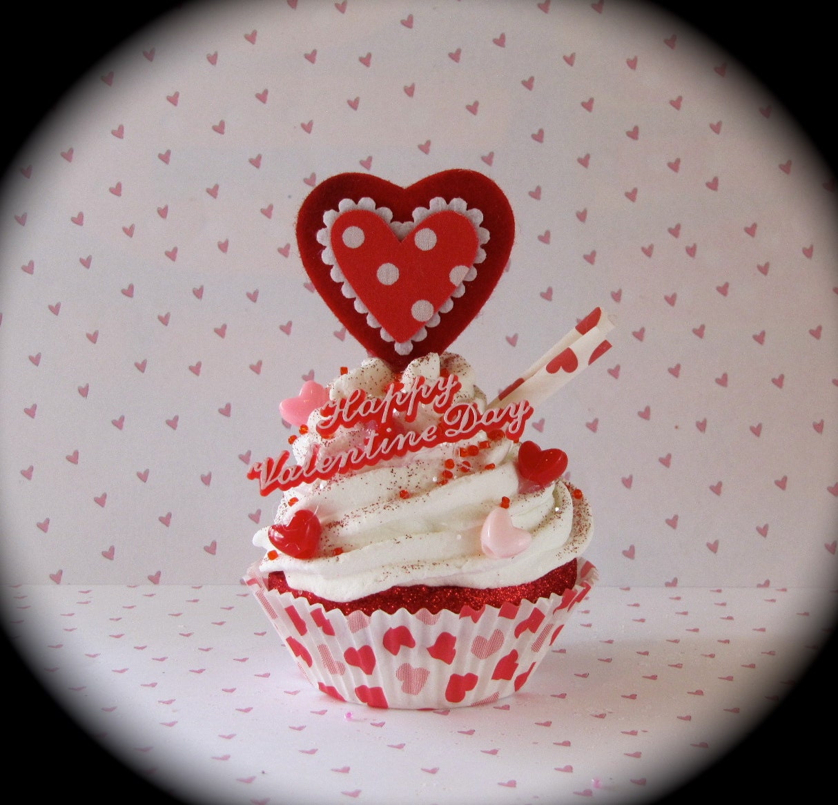 Valentines Day Home Decor Fake Cupcake Retro Inspired "Happy Valentine Cupcake" with Heart Cupcake Liner Fab V-Day Gift