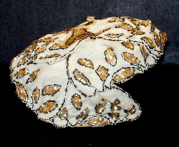 Vintage Juliet Cap Bridal Hat White Velvet Gold Sequins Silver Beads