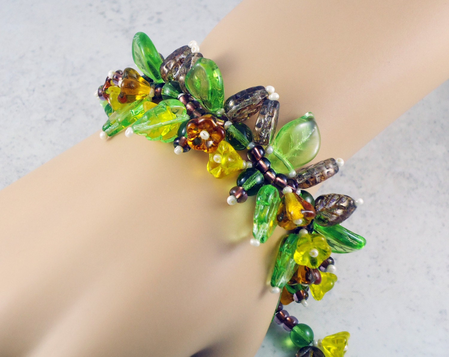 Flowers Leaves Beadwork Woodland Garden Bracelet Green Copper Yellow Amber Gold toggle Clasp