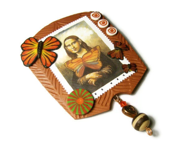 Altered Art Stamp Mona Lisa Butterfly Polymer Clay Pin Handmade Brooch Art Jewelry Swarovski Lead Crystal Bicone Leonardo da Vinci