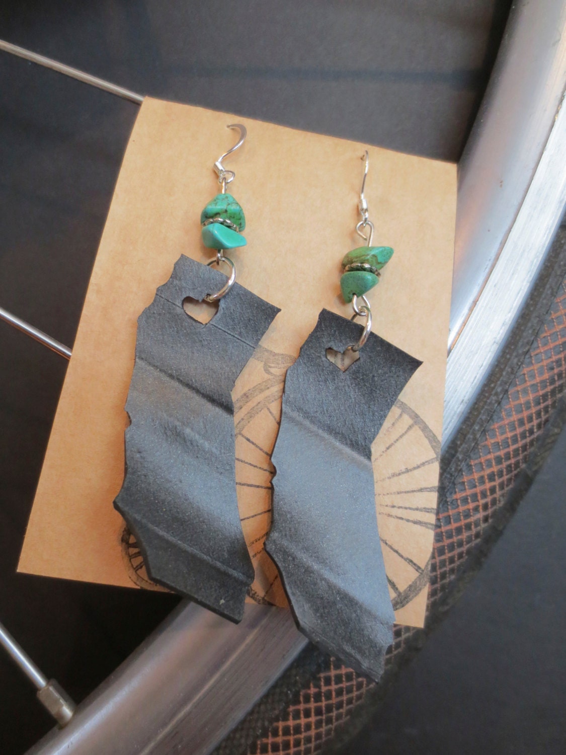 Recycled Bicycle (bike) Tube CALIFORNIA Earrings with turquoise chips