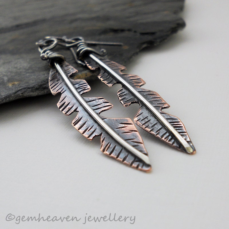 Sterling silver and copper mixed metal dangle feather earrings - Lone Feather -