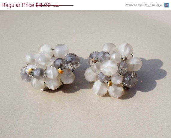 On Sale Vintage West Germany White and Gray Clip on Earrings