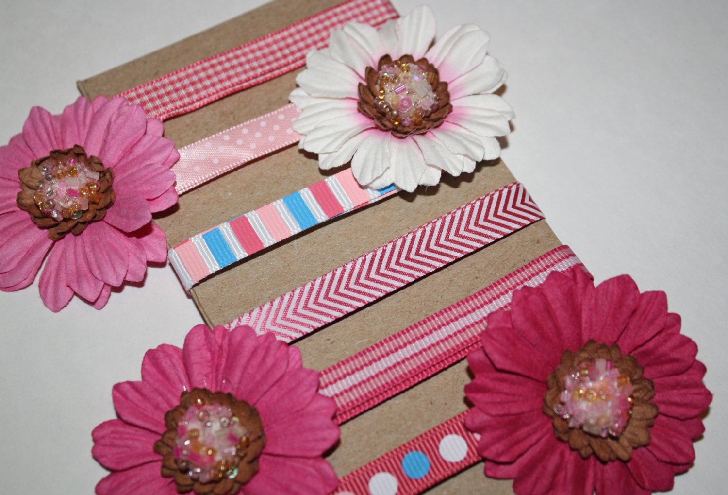 Pink Ribbon and Flower Set, Scrapbooking Embellishments, For Pages and Cards, Girl