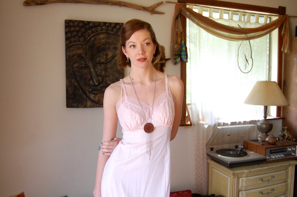 Lace Slip Dress Vintage Pale Ballerina Pink Blooms Sheer Lace Slip Dress  (xs)