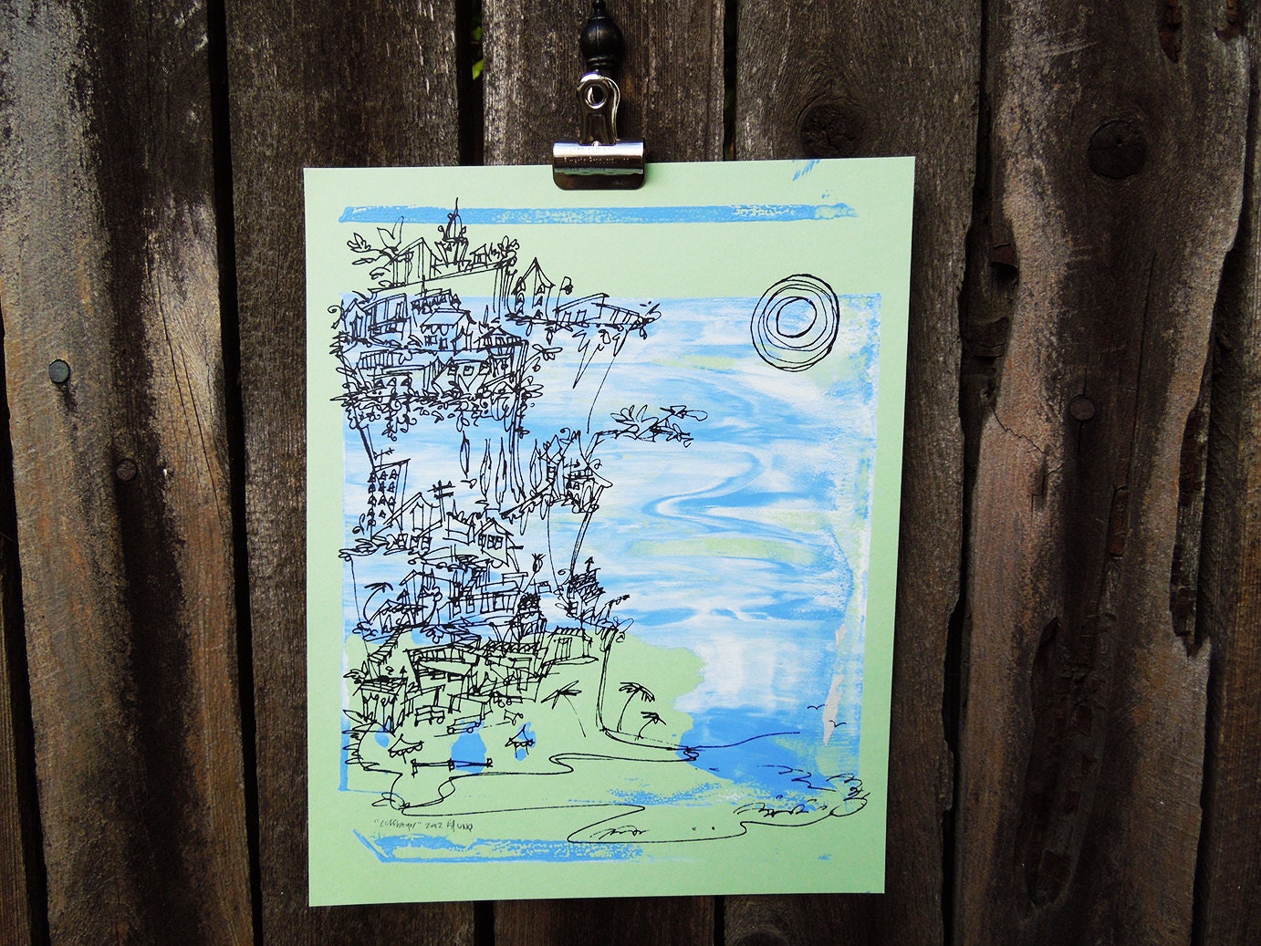 original summer screenprint: blue sky beach Cliffhanger silkscreen (8x10")