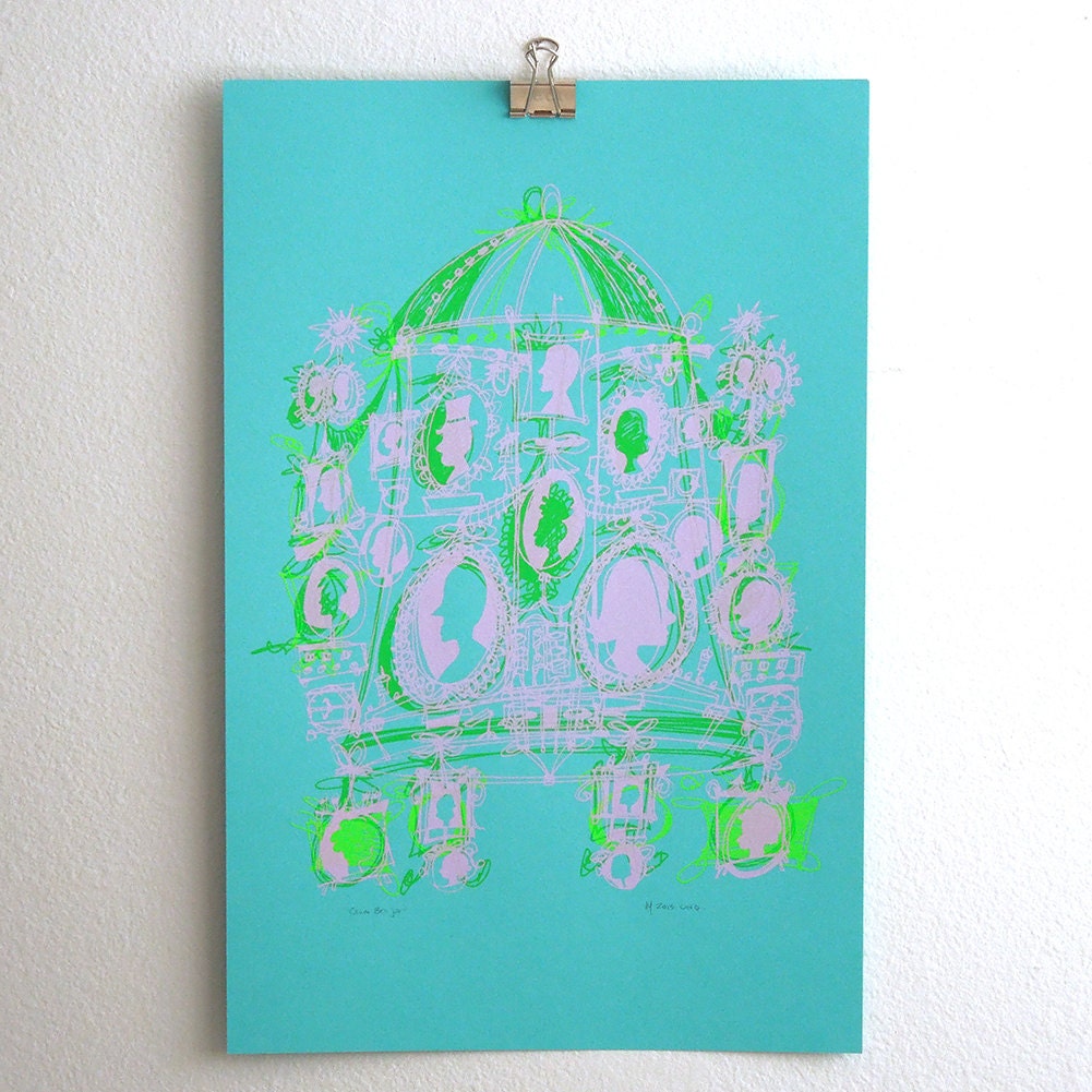 cartoony chic silhouettes screenprint in neon and pastels "Cameo Bell Jar" (12-1/2 x19)