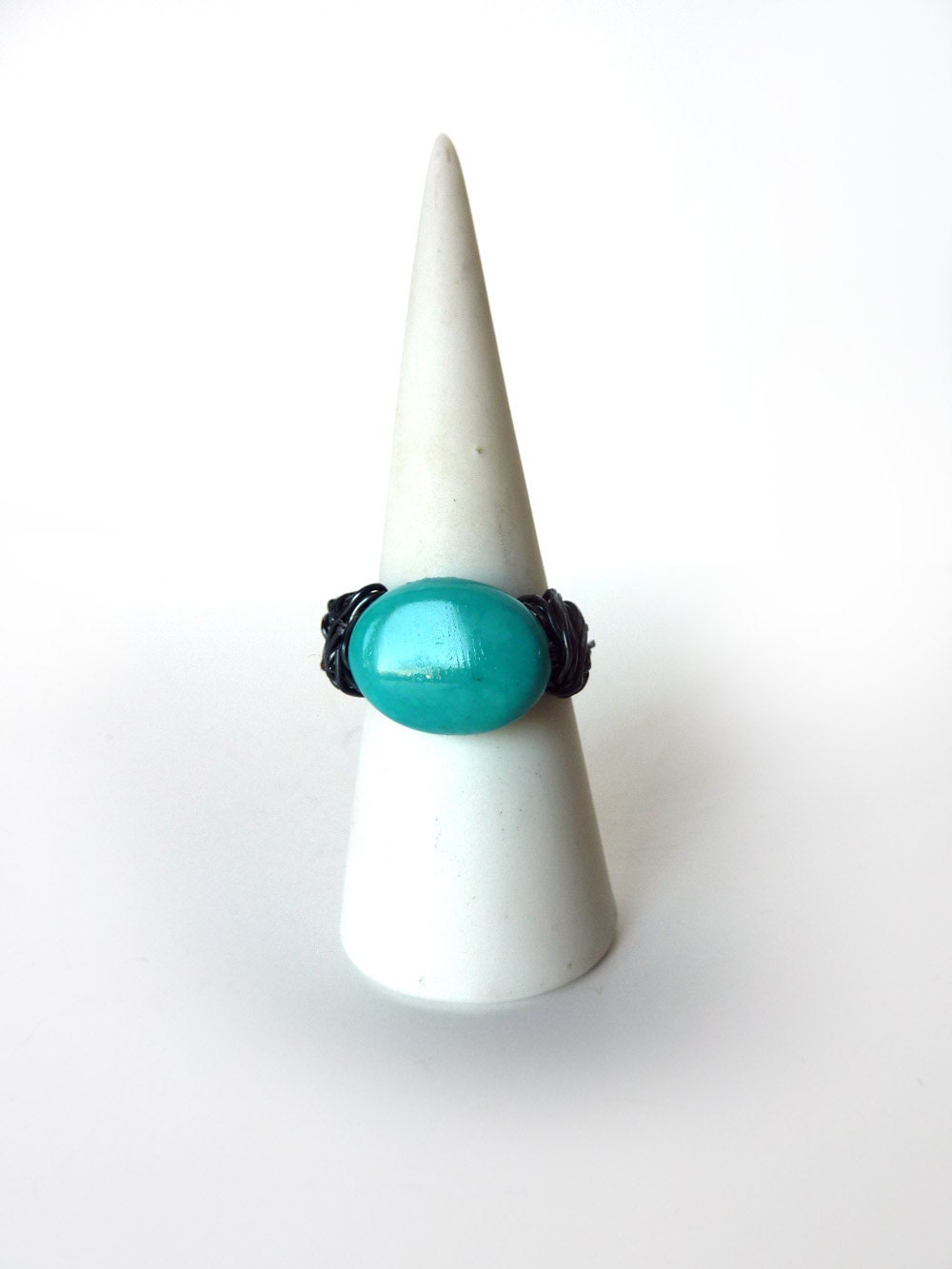 Turquoise Ring - Braided Oxidized Fine Silver  - Size 8.75