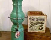 Tall carved wood jewelry stand - distressed aqua/green industrial grunge - great for shop display