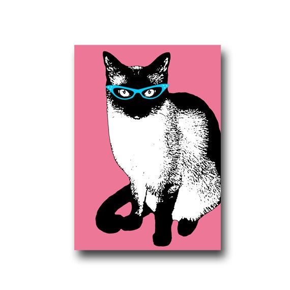 5"X7" Hip Cat Digital Collage Sheet Cat with Blue Glasses on Pink INSTANT DOWNLOAD
