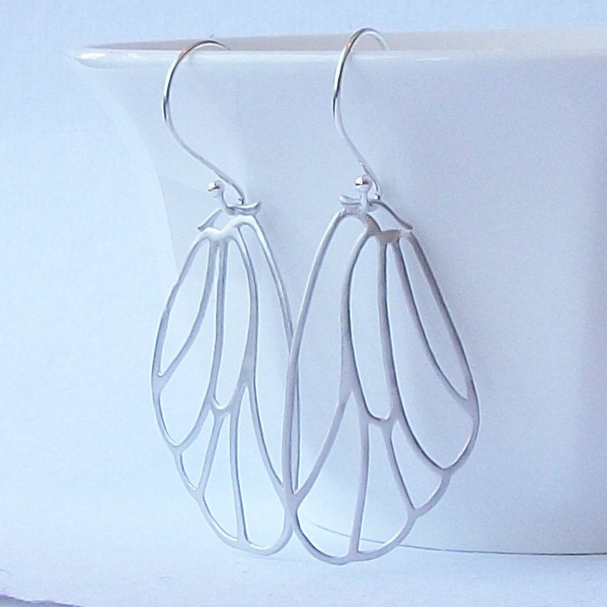 Silver Wing Earrings, Butterfly Silver Wing Dangle Earrings