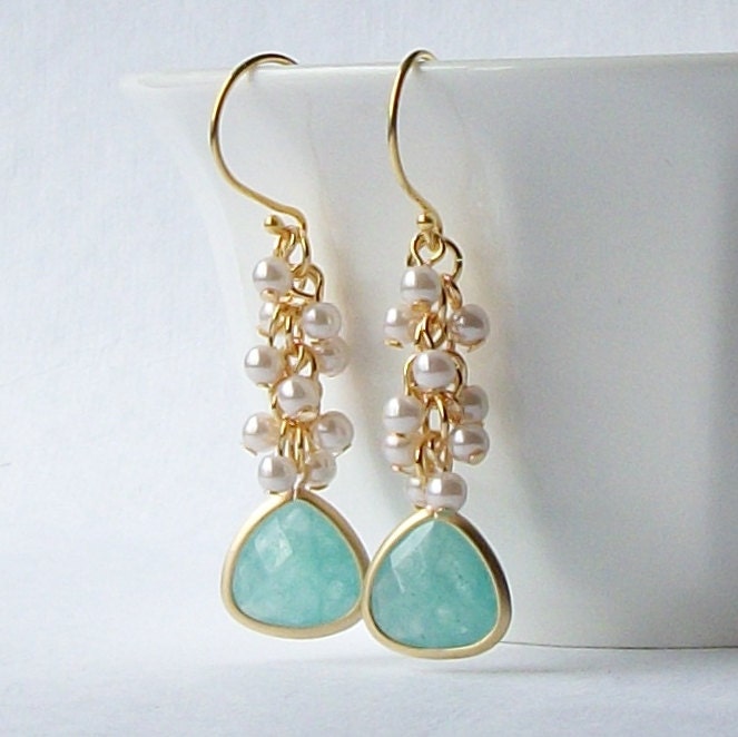 Mint Green Pearl Cluster Earrings, Pearl Cluster Earrings