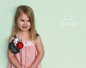 Pale pink and polka dots Lulu Dress  - featuring hand made flowers- sizes 6mo to 10