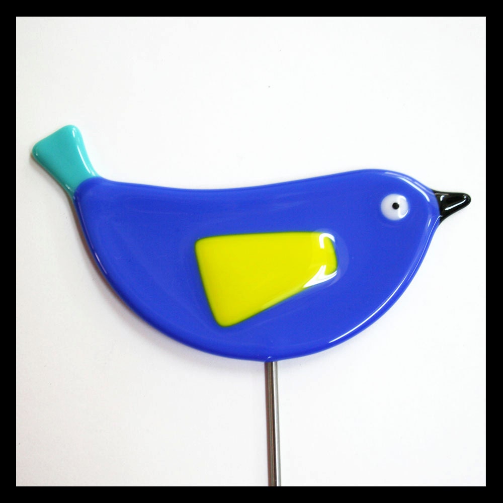 Glassworks Northwest - Blue Bird Plant Stake - Fused Glass Garden Art
