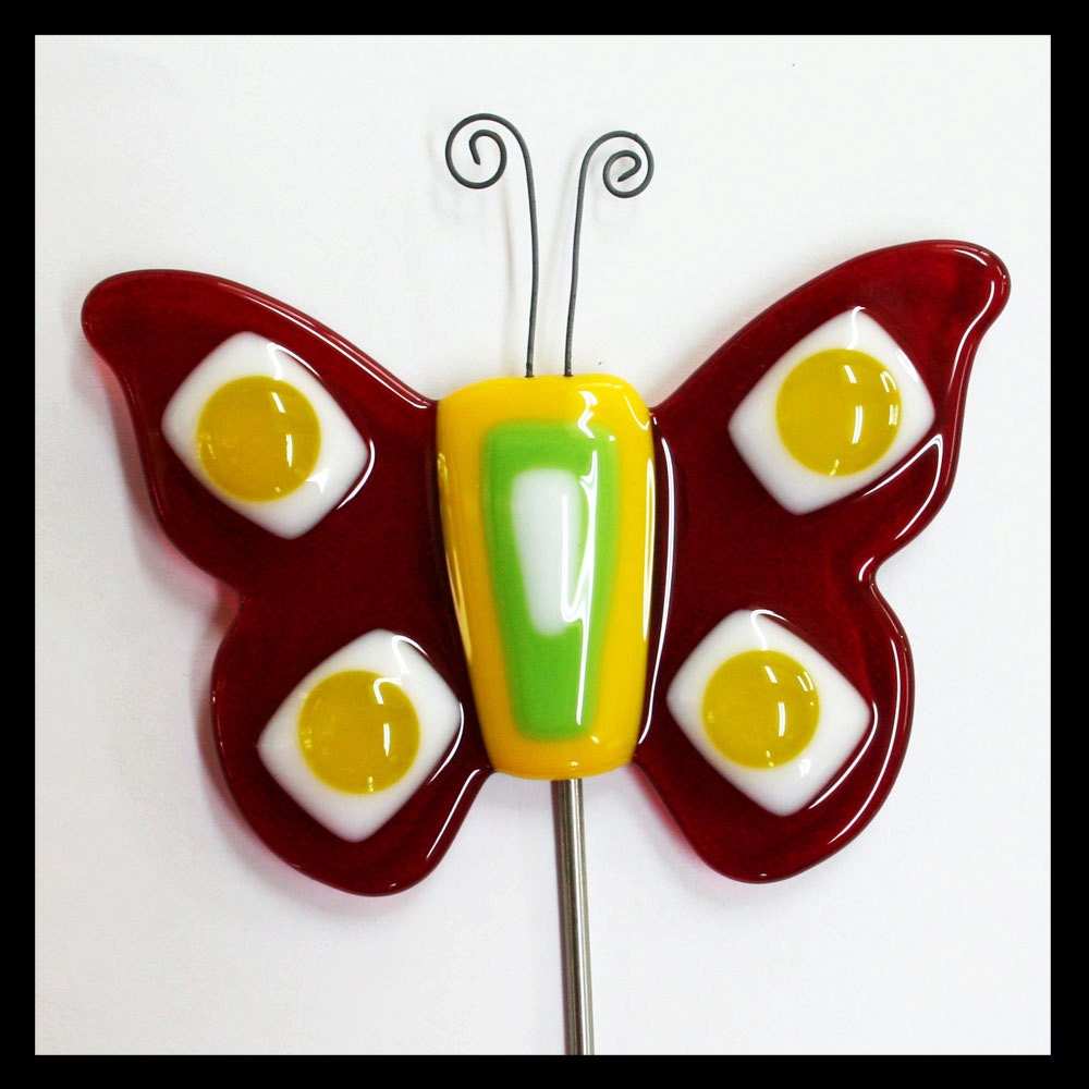 Glassworks Northwest - Red Butterfly Plant Stake - Fused Glass Garden Art