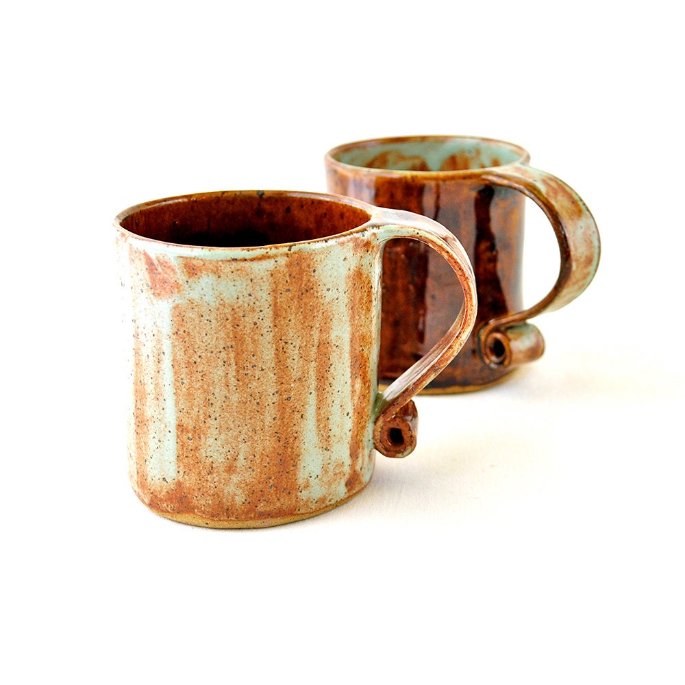 Ceramic Tea Cups - Hobbit Coffee Mugs in Mint Green Umber wash and Earth Brown (Set of two)