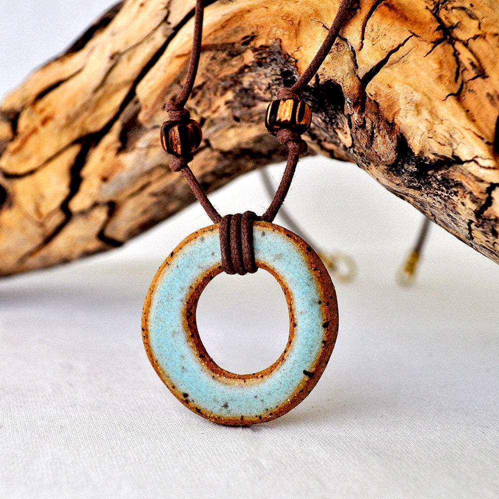 Ceramic necklace - Wrapped Beaded Slate Blue Circular stoneWEAR pendant charm necklace