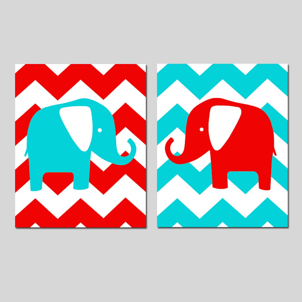 Modern Chevron Elephant Duo - Set of Two 8x10 Chevron Zig Zag Prints - Kids Wall Art for Nursery - Choose Your Colors