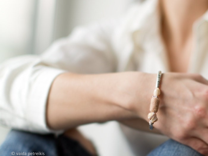Minimalistic Metal Bracelet with Handmade Felt Mother of Pearl and Glass - Nude beige - elegant feminine casual style - ready to ship