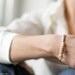 Minimalistic Metal Bracelet with Handmade Felt Mother of Pearl and Glass - Nude beige - elegant feminine casual style - ready to ship