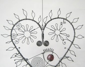 Wire Art Heart Sculpture With Leaves And Flowers And A Bird For Your Wall Or Window