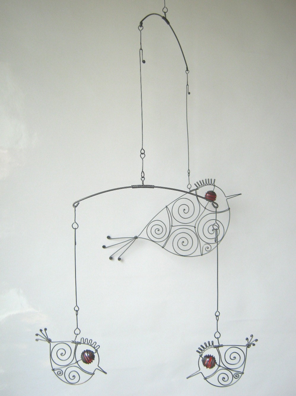 Three Metal Birds Mobile Wire Art Sculpture In Red
