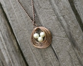 Mama Bird Aged Copper Abstract Bird's Nest Necklace - Three Pearl Eggs - Great Mother's Day Gift