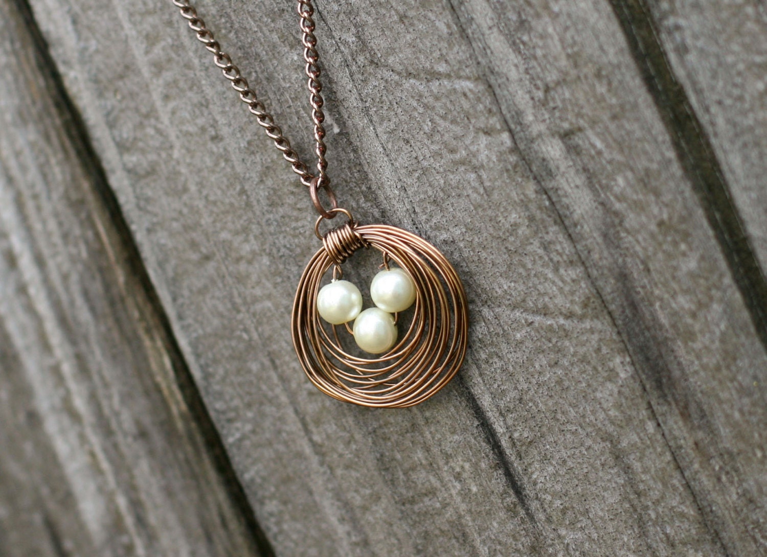 Mama Bird Aged Copper Abstract Bird's Nest Necklace - Three Pearl Eggs - Great Mother's Day Gift