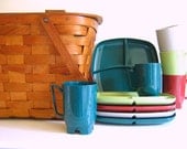 Vintage Picnic Basket Woven Wood, Casual Ware Luncheon Dishes