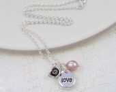 love word fine silver beanie charm pendant rose charm and pearl sterling silver necklace handmade jewellery