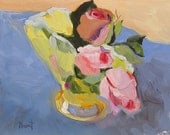 Vaseline Vase and Roses by Linda Hunt, abstract realism, contemporary, small oil painting, original art, alla prima 8X8