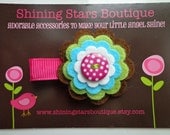 Toddler Hair Clips - Brown, Lime Green, Turquoise Blue, And White Layered Felt Flower Boutique Hair Clippie With Shocking Pink Button Center