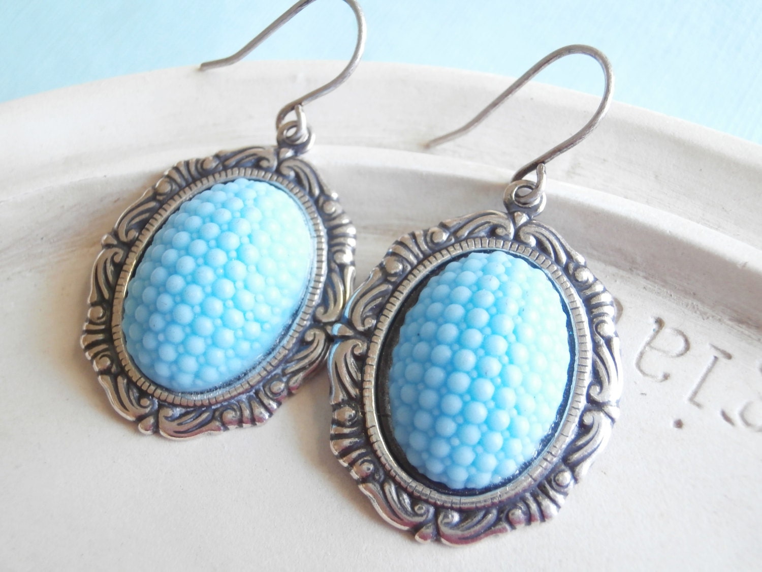 REDUCED - Vintage Earrings - Sky Blue Cabochon and Silver