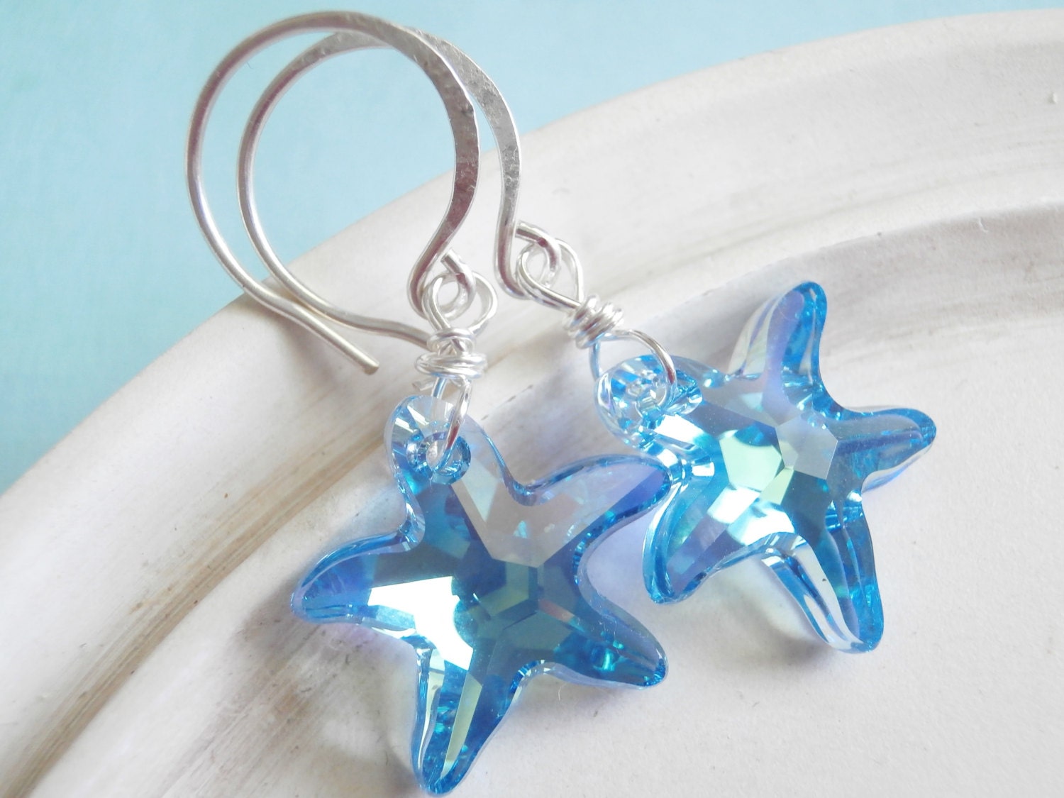 Swarovski Crystal Earrings - Starfish - Blue Zircon Sterling Silver
