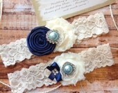 Wedding garter SET / Navy / blue stone / You pick / wedding garters/ bridal  garter/  lace garter / toss garter / vintage lace garter