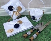 YOU DESIGN / flower girl basket , ring bearer pillow , guest book , cake knife set / burlap and navy 