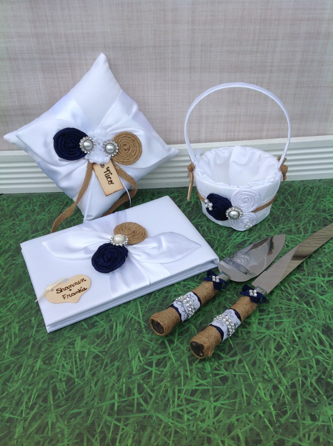 YOU DESIGN / flower girl basket , ring bearer pillow , guest book , cake knife set / burlap and navy 