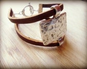 Tribal Silver Hammered Unique Square with Leather Band Bracelet Bohemian